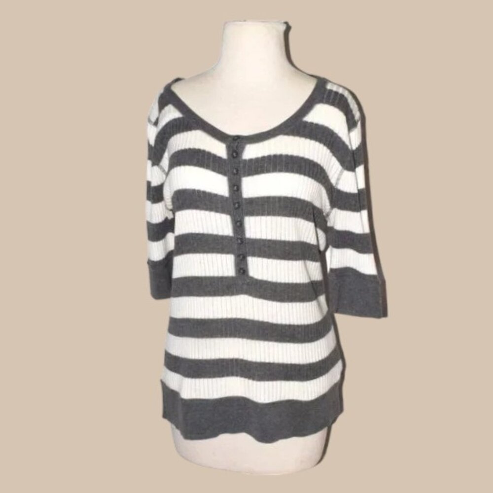 Vintage Liz Claiborne Stripped Pullover Cotton Sweater Short Sleeve Gray White